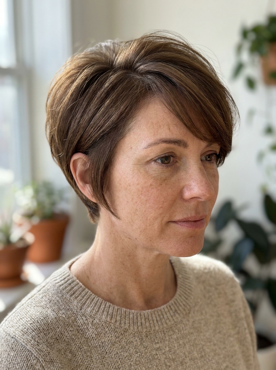 Volumen-Pixie mit Seitenscheitel als Kurzhaarfrisuren für feines Haar Inspiration 2026